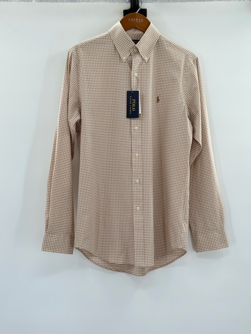 Polo Ralph Lauren Classic Fit Gingham Button Down Shirt Small Khaki Stretch - Picture 9 of 10